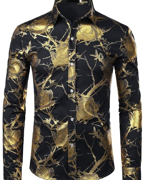 Men's Nightclub Shiny Golden 3D Rose Printed Slim Fit Button Down Party Dress Shirt
