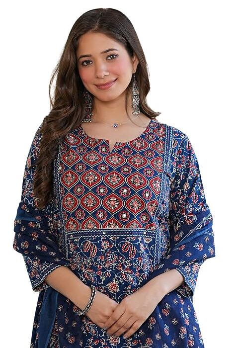 Amayra Women's Pure Cotton Printed Straight Kurta Set with Palazzo Pants & Dupatta