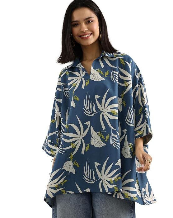 Printed Cotton A-Line Kurti Blue
