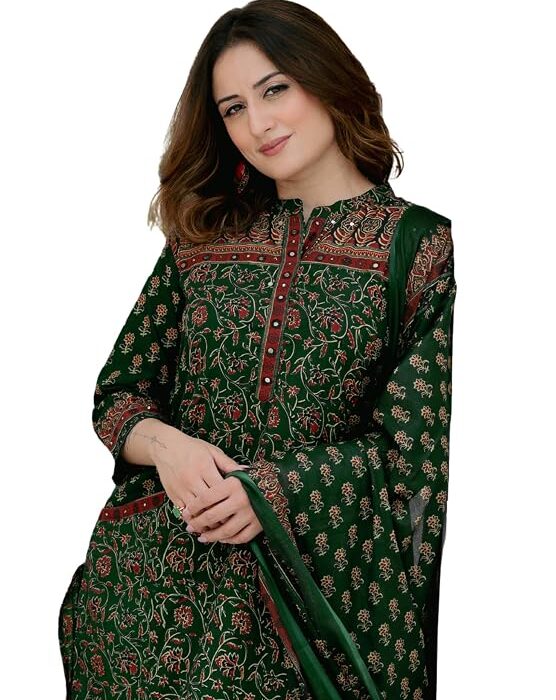 Arayna Women’s Cotton Printed Kurta Set with Palazzo Pants and Dupatta