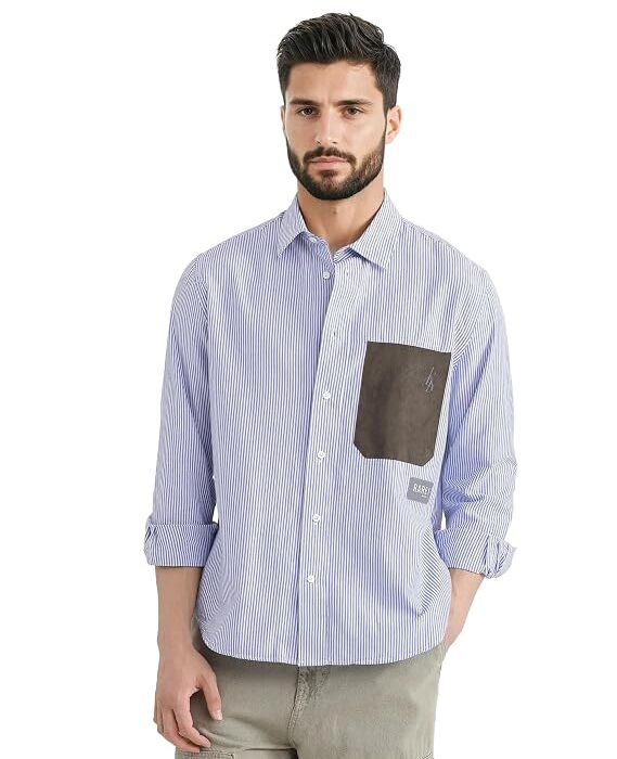 Men Regular Fit White Striped Cotton Button-Down Long Sleeve Shirt