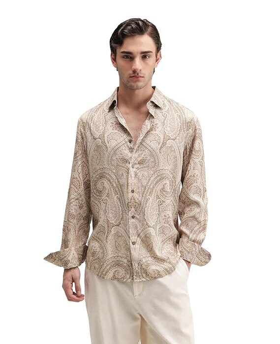 Men Regular Fit Beige Paisley Rayon Button-Down Long Sleeve Shirt