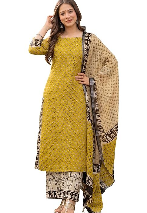 Amayra Women's Pure Cotton Straight Kurta Set with Palazzo Pants & Dupatta