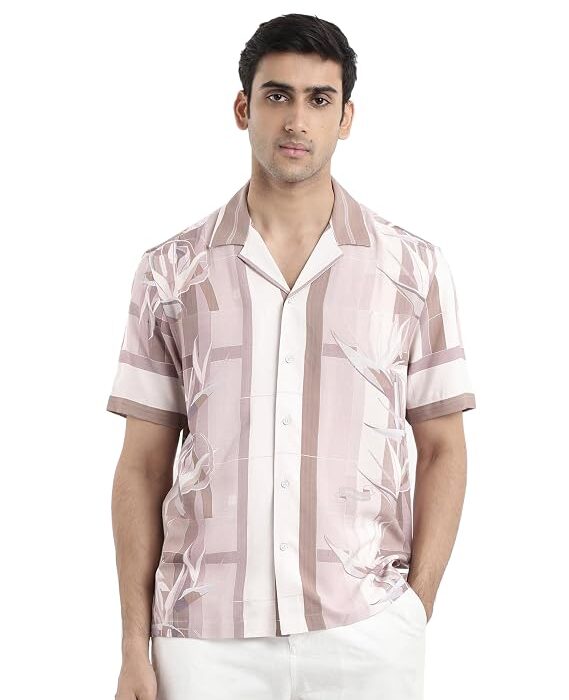 Men Boxy Floral Beige Cotton Short Sleeve Button Shirt